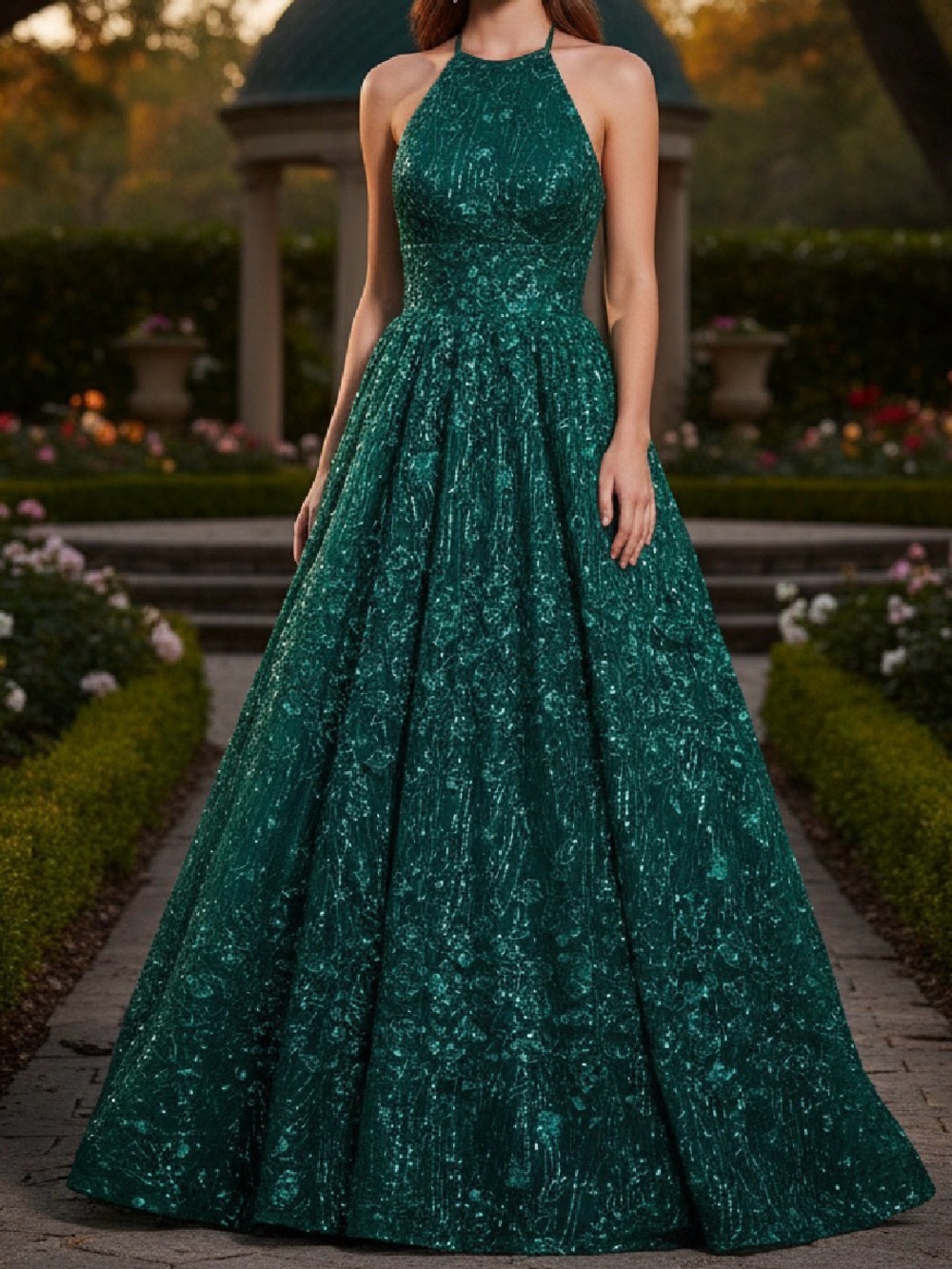 Sherri Hill Green Halter Sequin Ball Gown